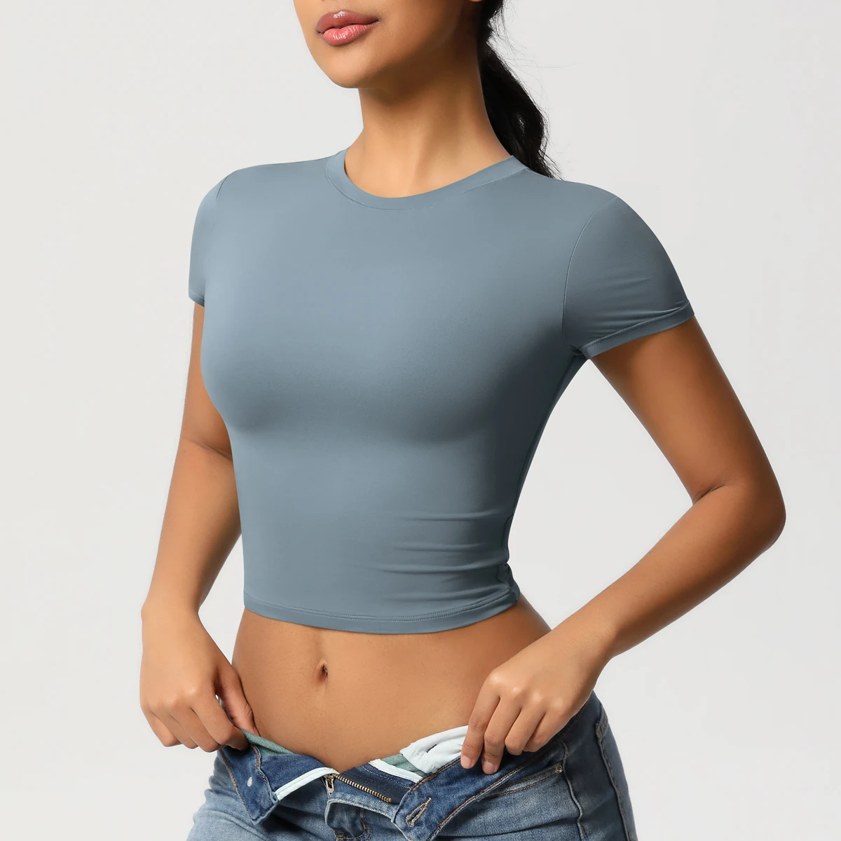 Frauen Sport Shirt Kurzarm Gym Top Workout Kleidung Hohe Elastische Active Wear Femme Lauf Zubehör Fitness T-shirt – Detail 28