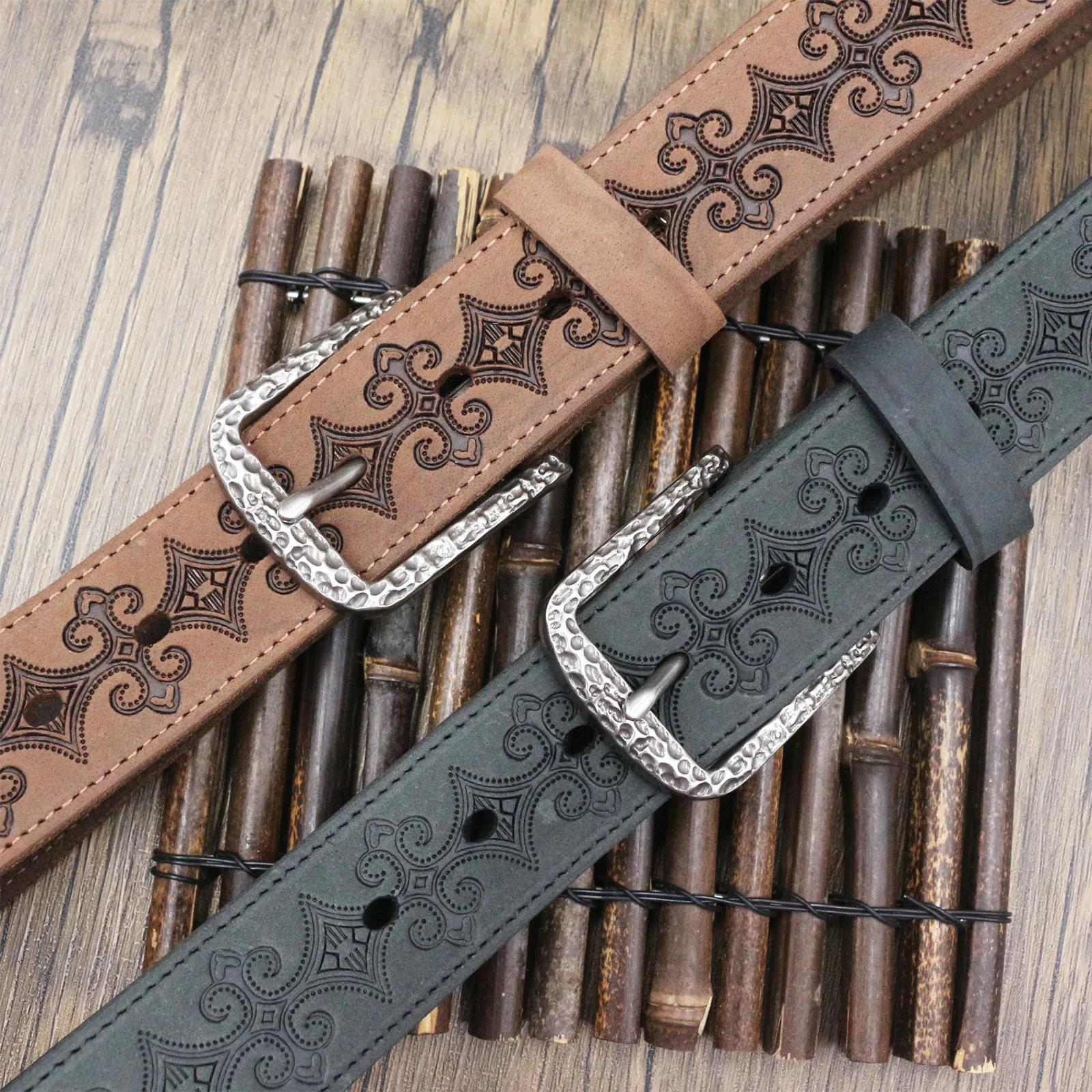 Vintage Ethnic Embossed Full Grain Leather Belt for Men, Antique Hammered Metal Pin Buckle, Retro Engraved Cowboy Leather Strap