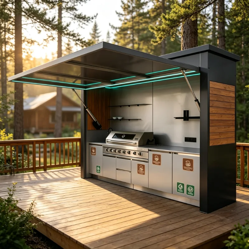 Stainless Steel Gas Grill, Mobile Compact Folding Outdoor BBQ Kitchen with Fireproof Cabinet for Home