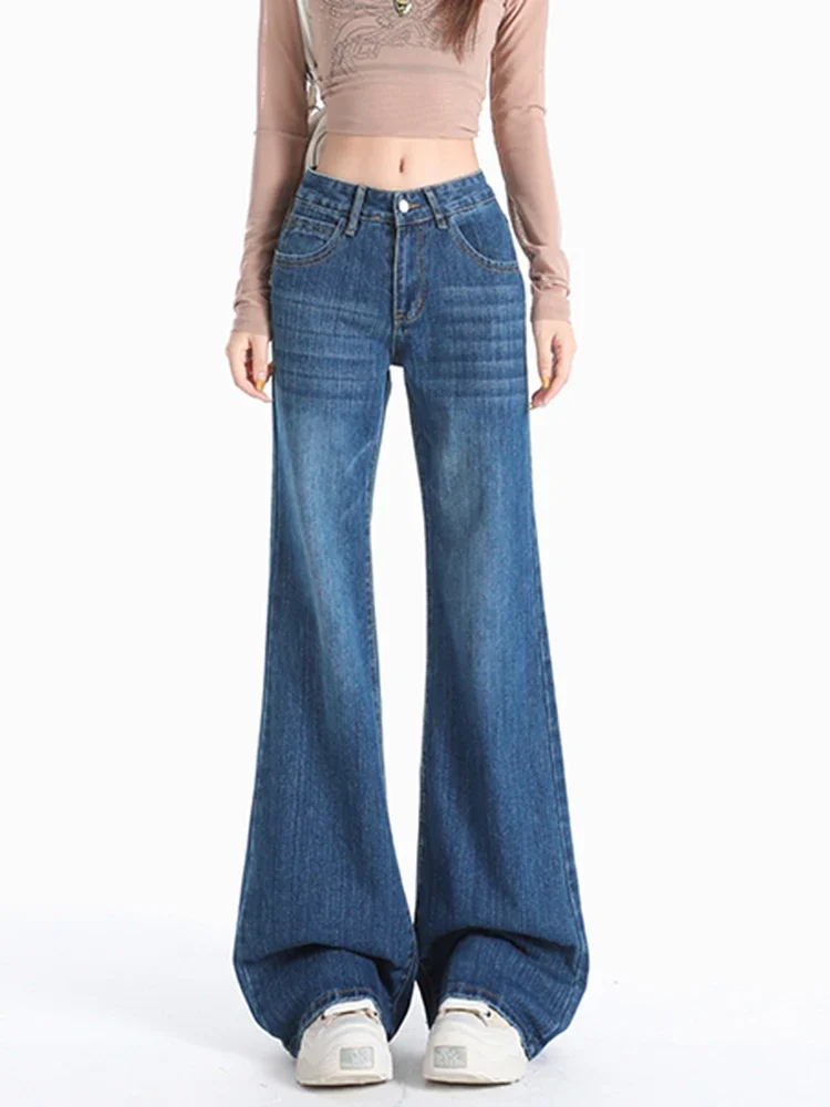 

Y2K джинсы со средней низкой посадкой, женские бамбуковые полосатые микро расклешенные прямые брюки с антипригарным покрытием, утягивающие осенние брюки