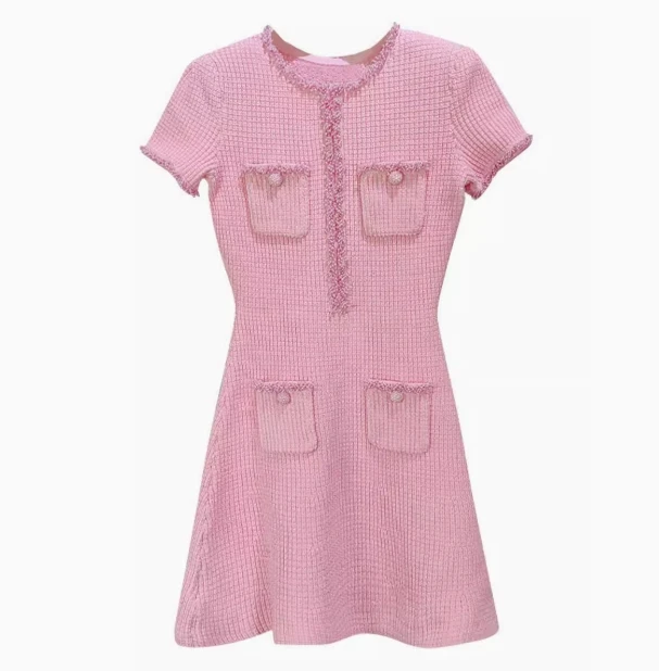 

Prom dress pink diamond round neck short sleeve slim fit party mini