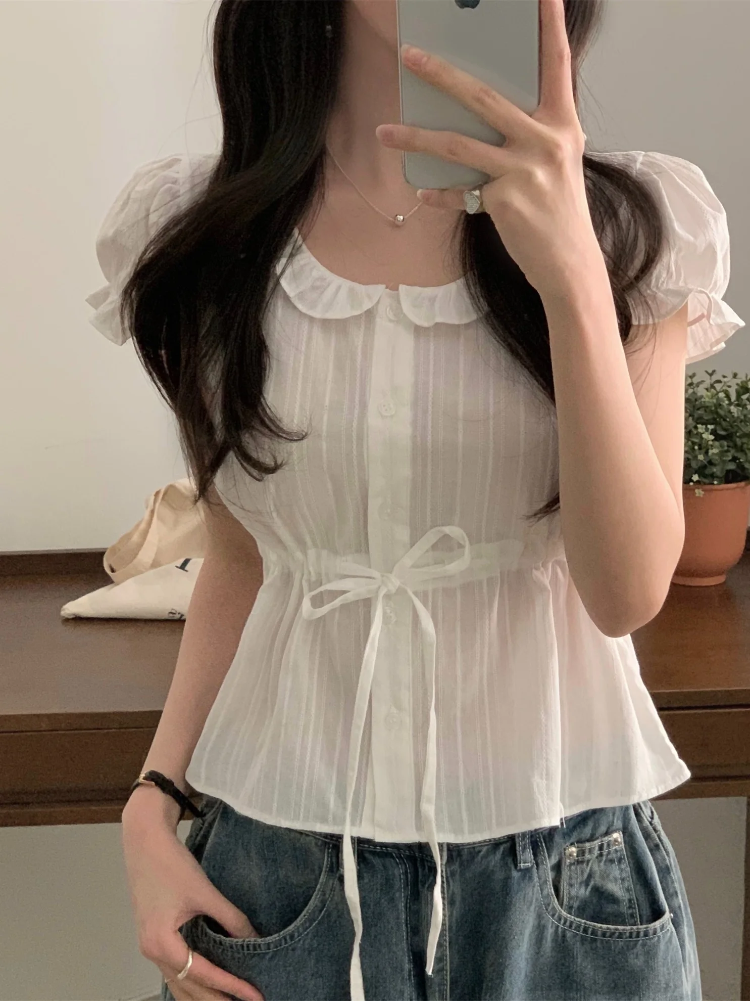 

Милая женская блузка с эффектом омоложения, летняя, в школьном стиле, с завязками на талии, с цветочной вышивкой, с рукавами-фонариками, из хлопка