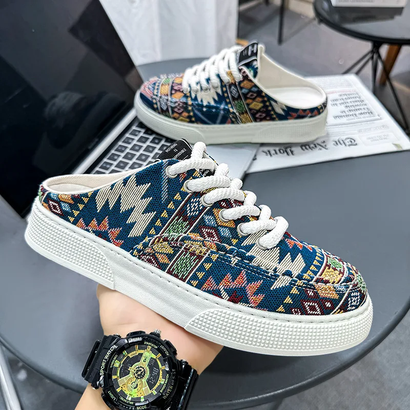 

Men's Sneakers Breathable Support Printed Canvas Shoes Thick Bottom Comfortable Walking Shoes