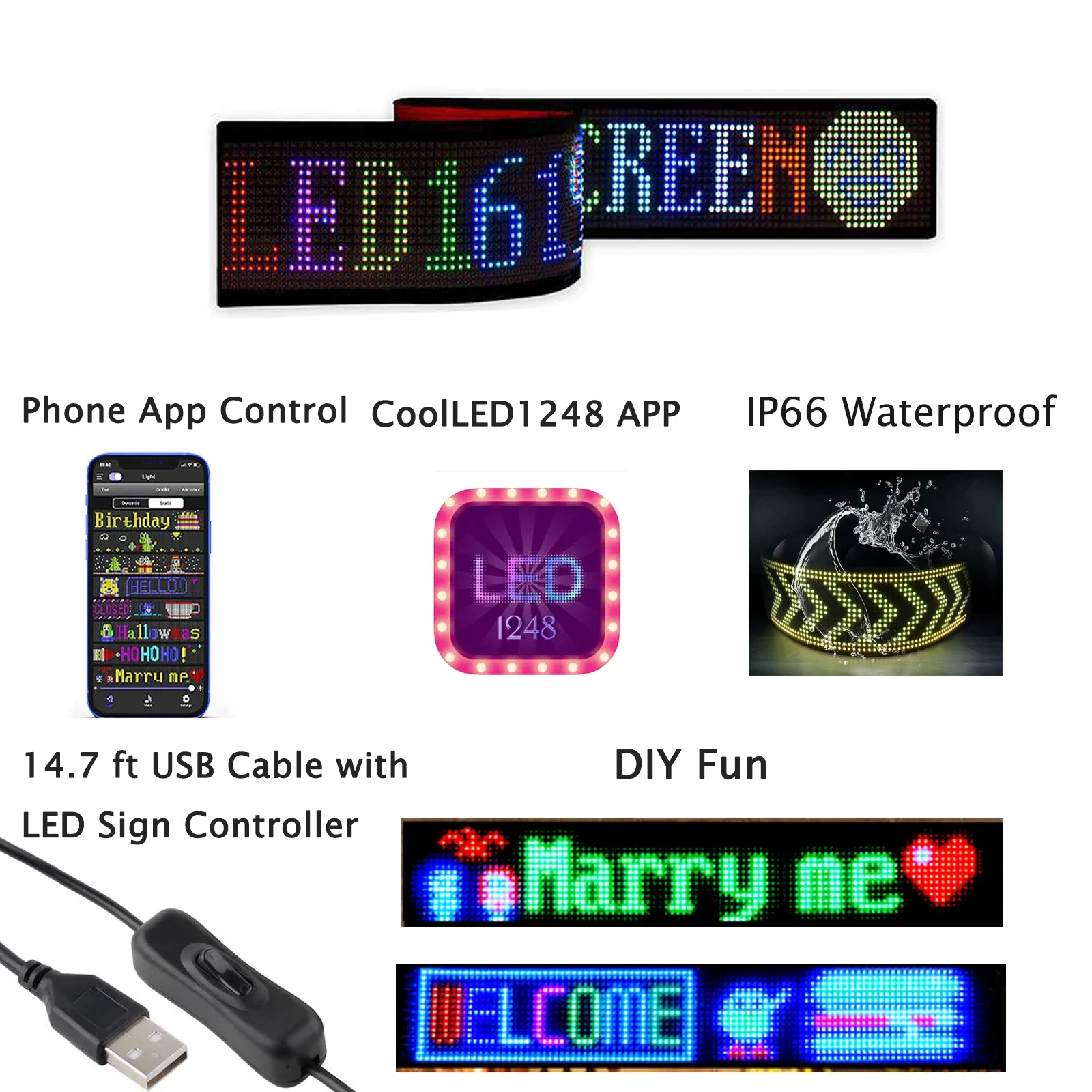 Scrolling Huge Bright Advertising LED Sign , Flexible USB 5V LED Display Sign Blue--tooth App Control for Store Car Bar Hotel