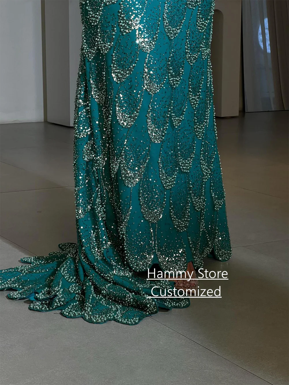 ชุดราตรีหรูหราทรงเมอร์เมด สายเดี่ยว แขนกุด ชายกระโปรงยาวประดับเลื่อมและมุก สไตล์อาหรับ สำหรับงานปาร์ตี้หรืองานพรอม