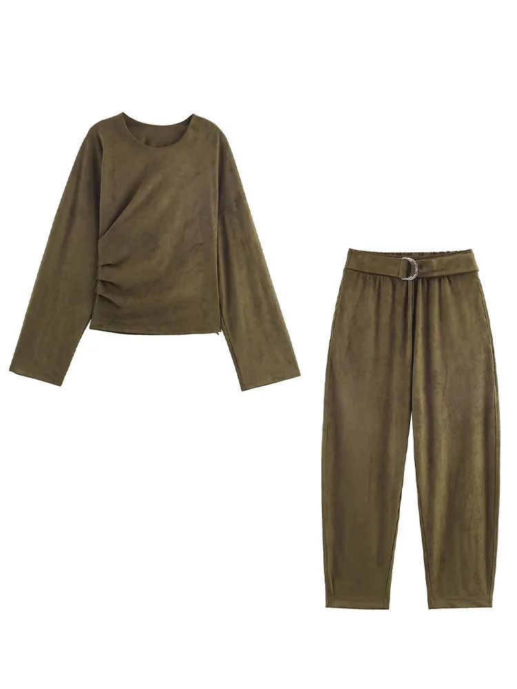 

HH Autumn Women Solid Pants Suit Loose Zipper Pleated Long Sleeve O-Neck Pullover Top+Pocket Belt Decorate Balloon Version Pants