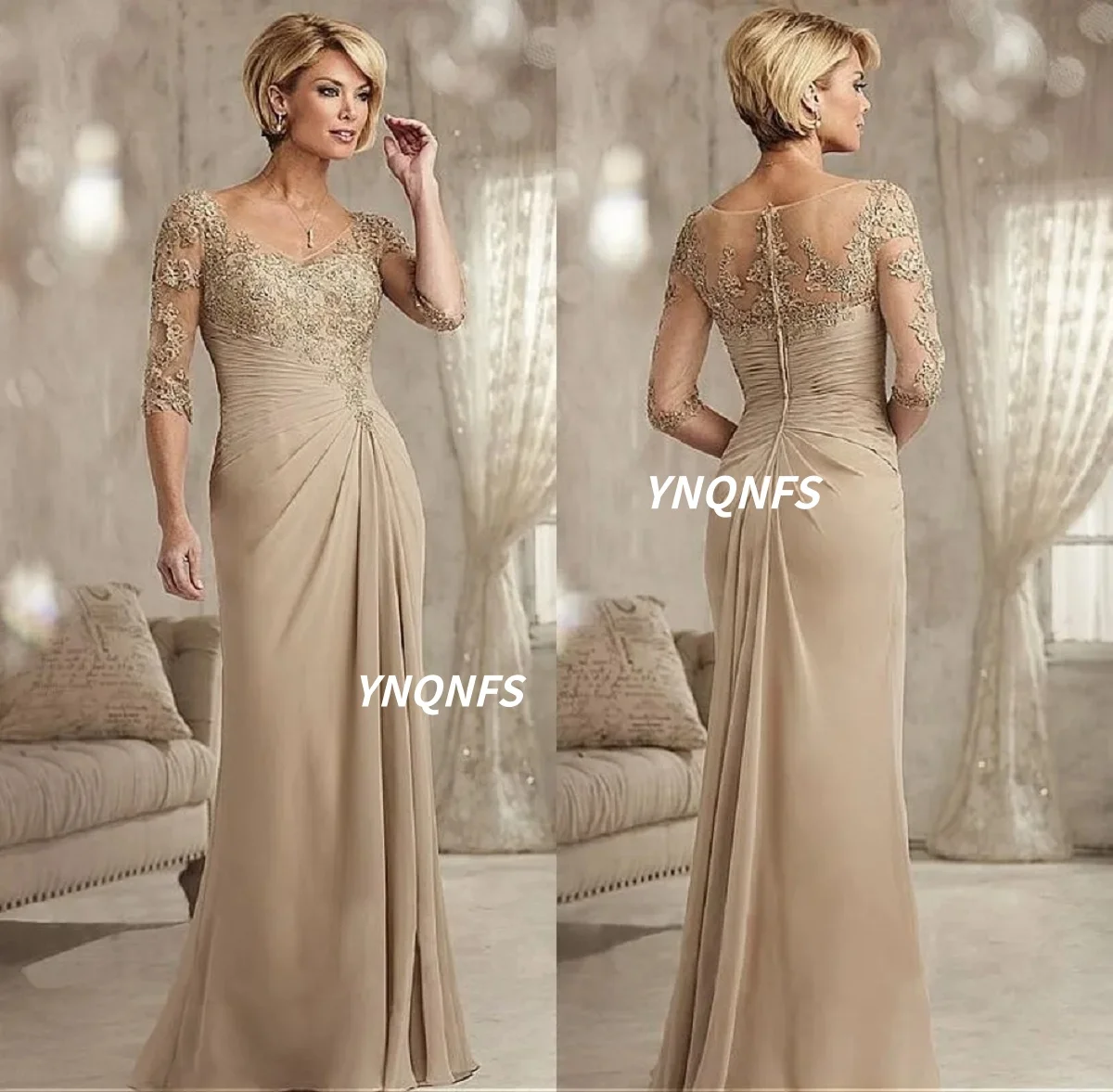 فساتين YNQNFS أنيقة مطرزة بالدانتيل بلون الشامبانيا لأم العروس من الشيفون بأكمام قصيرة فستان سهرة للأم لحفلات الزفاف #1