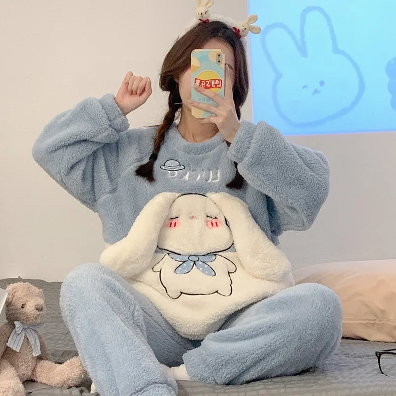 

Sanrio Hello Kitty Cinnamoroll Anime Women Pajamas Kawaii Cute Pochacco Plush Long-sleeved Pants Two-piece Winter Homewear Suit