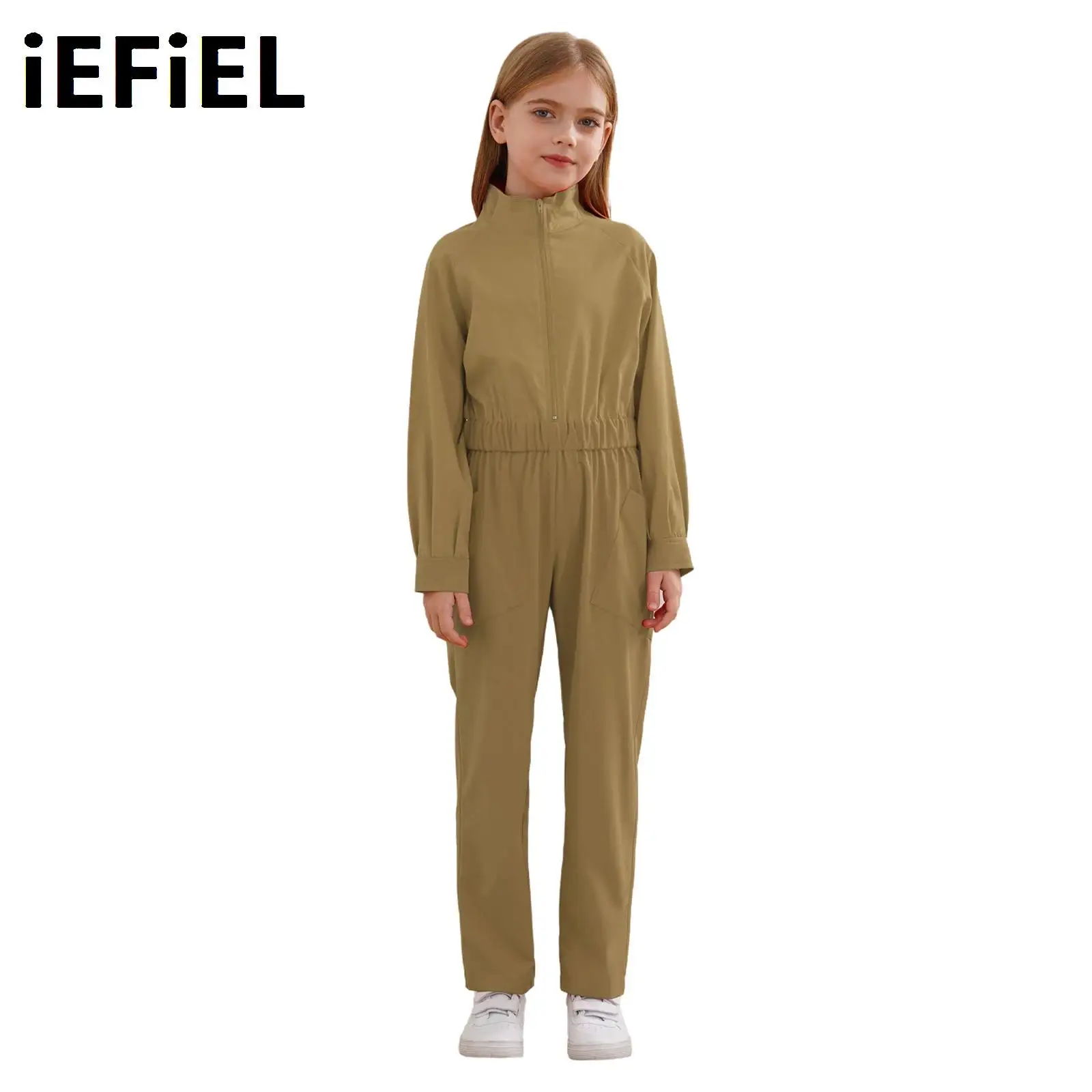 Kids Girls Coverall Jumpsuit Casual Solid Color Long Sleeve Stand Collar Jumpsuit Elastic Waist Rompers with Pockets