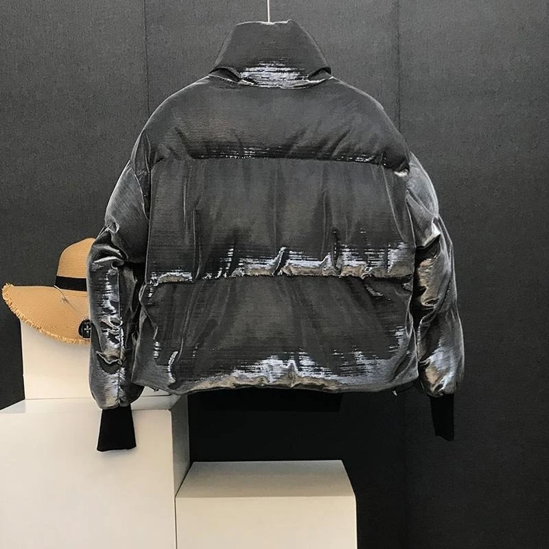 Mens Jacket Harajuku Streetwear Liquid Metal Puffer Coat Thick Warm Loose Fit Stand Collar Winter Padded Casual Fashion Trend - view 5