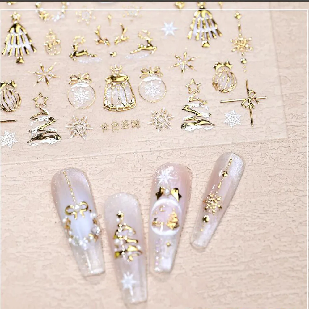 5D Bronzing Gold Christmas Nail Art Sticker Embossed Relief Snowflake Deer Nail Decals Xmas New Year Manicure Decoration Sticker