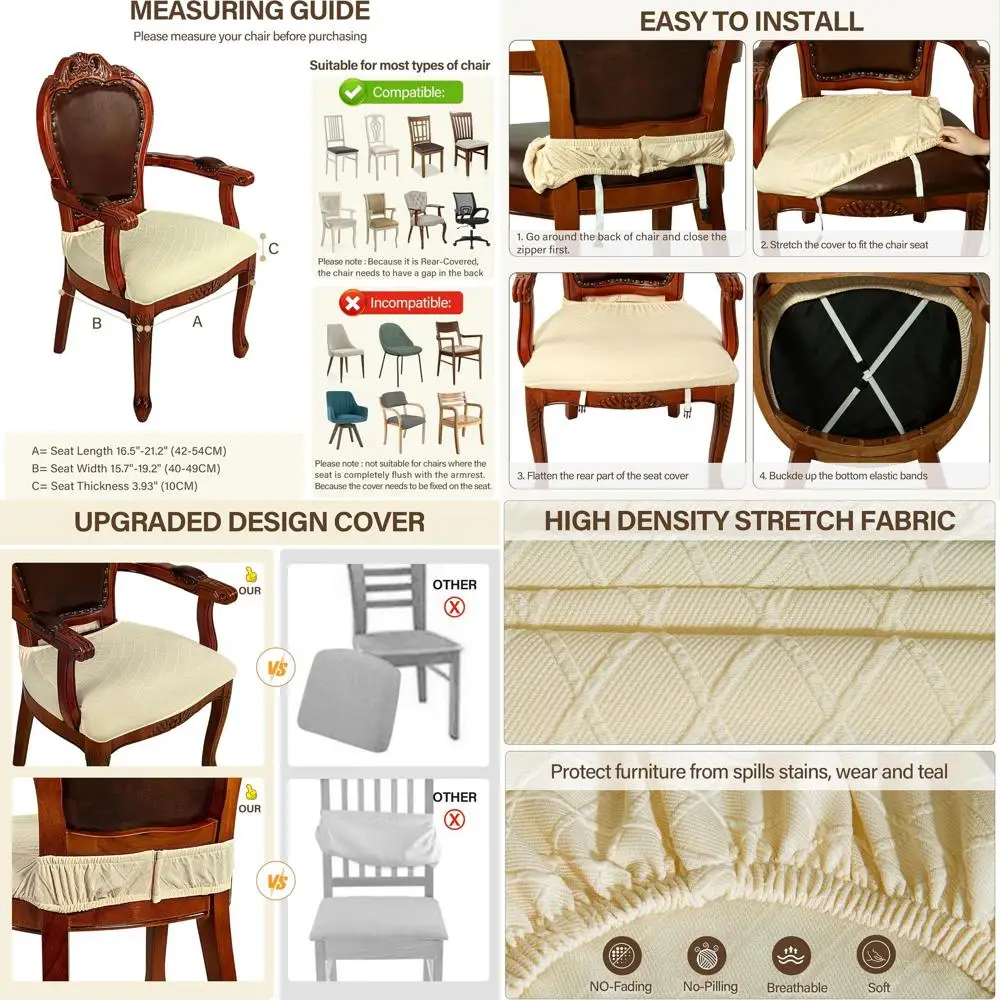 

Set of 6 Stretch Dining Chair Covers with Armrests, Beige, Water-Resistant, Washable Zippered Seat Covers
