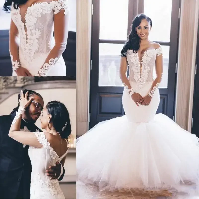 Abiti da sposa eleganti economici personalizzati a sirena africana araba taglie forti da sposa maniche lunghe con spalle scoperte