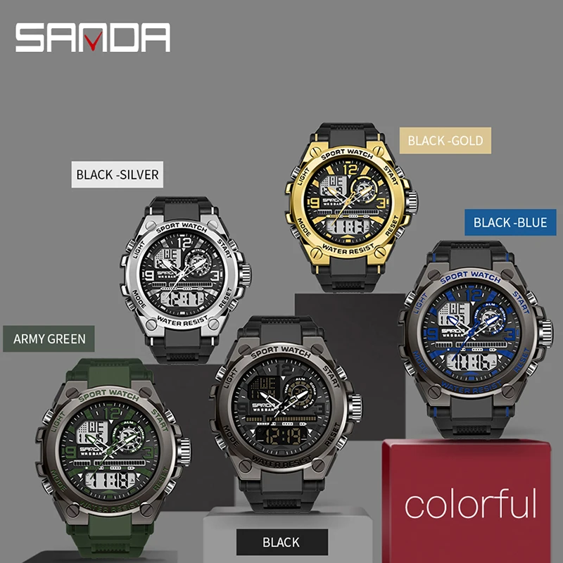 SANDA G Style Men Digital Alarm Watch Military Sports Watches Dual Display Waterproof Electronic Wristwatch Relogio Masculino