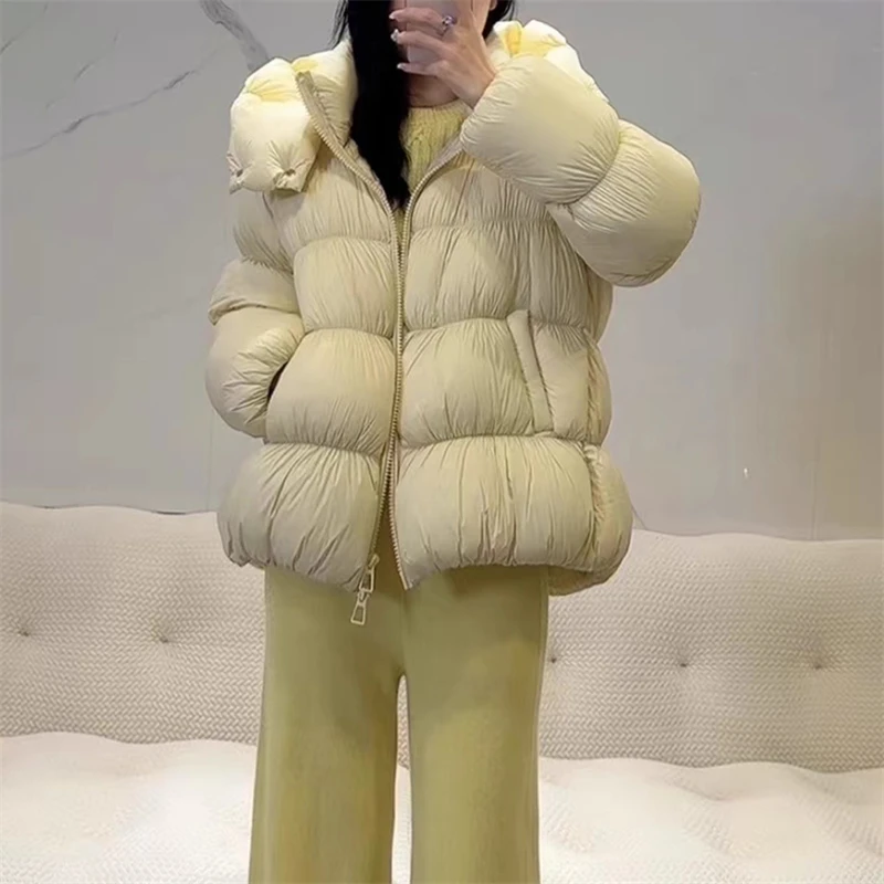 Hoogwaardig winternieuw stijl wit ganzendons verdikt warm donsjack met capuchon voor dames, modieuze, eenvoudige en veelzijdige jas