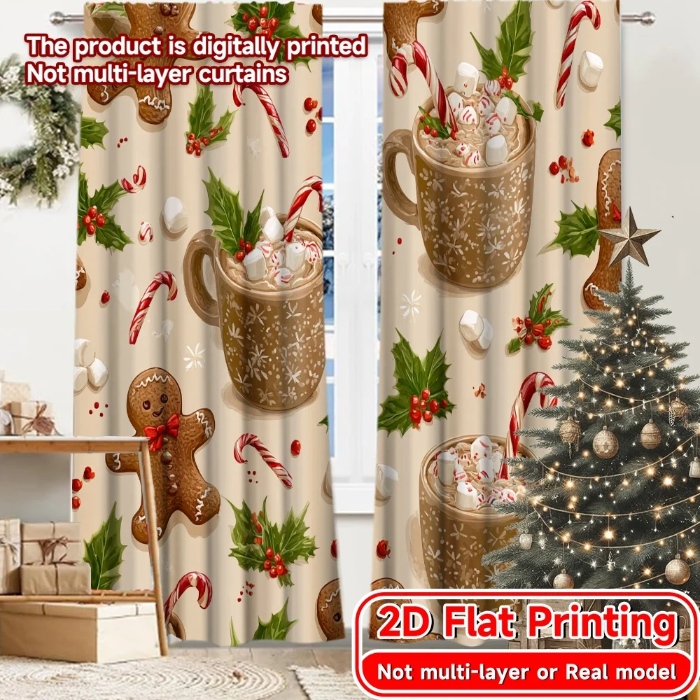 2D Flat Printing,2pcs Gingerbread Joy Popular Creative Curtains Polyester Easy Install Curtains Gifts Use for Bedroom, Living