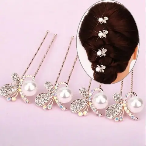 4-Piece Set of Butterfly with Red Bead U-Shaped Hairpins, Suitable for Bridal Updo, Wedding Hair Accessories