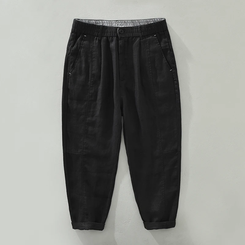 

Designer Pure Linen Ankle-Length Quality Brand Pants For Mens Fashion Breathable Elastic Waist Loose Trousers 29-36 Pantalon