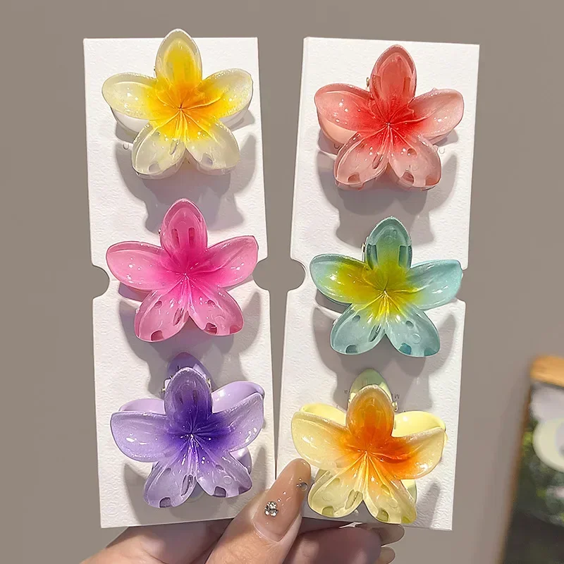 6pcs Sweet Gradient Flower Acrylic Hair Claws Clip for Women Girls Hairpins Summer Beach Hawaiian Headwear Hair Accessories