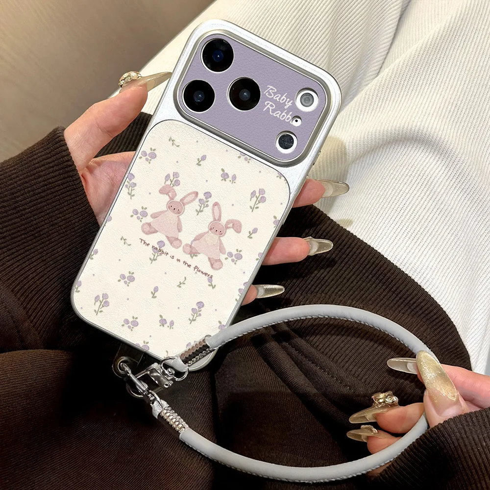 Coques de téléphone en cuir PU Rubbit mignonnes pour iPhone 18 Pro Max 17 16 15 14 13 12 11 Pro Max, coque arrière souple avec support de téléphone/lanière