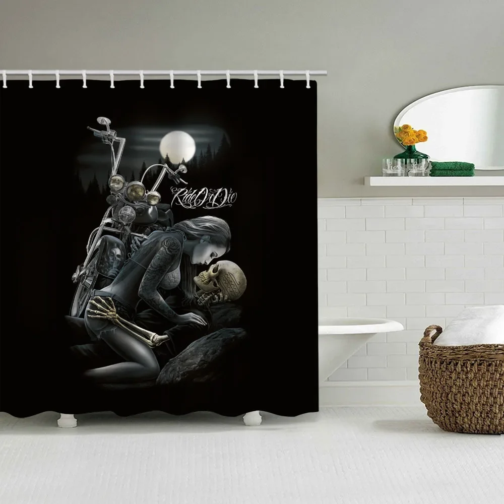 Halloween Shower Curtain 3D Printing Horror Skull Motorcycle Waterproof Bathroom Curtains Bathtub Screen Decor with 12 Pcs Hooks