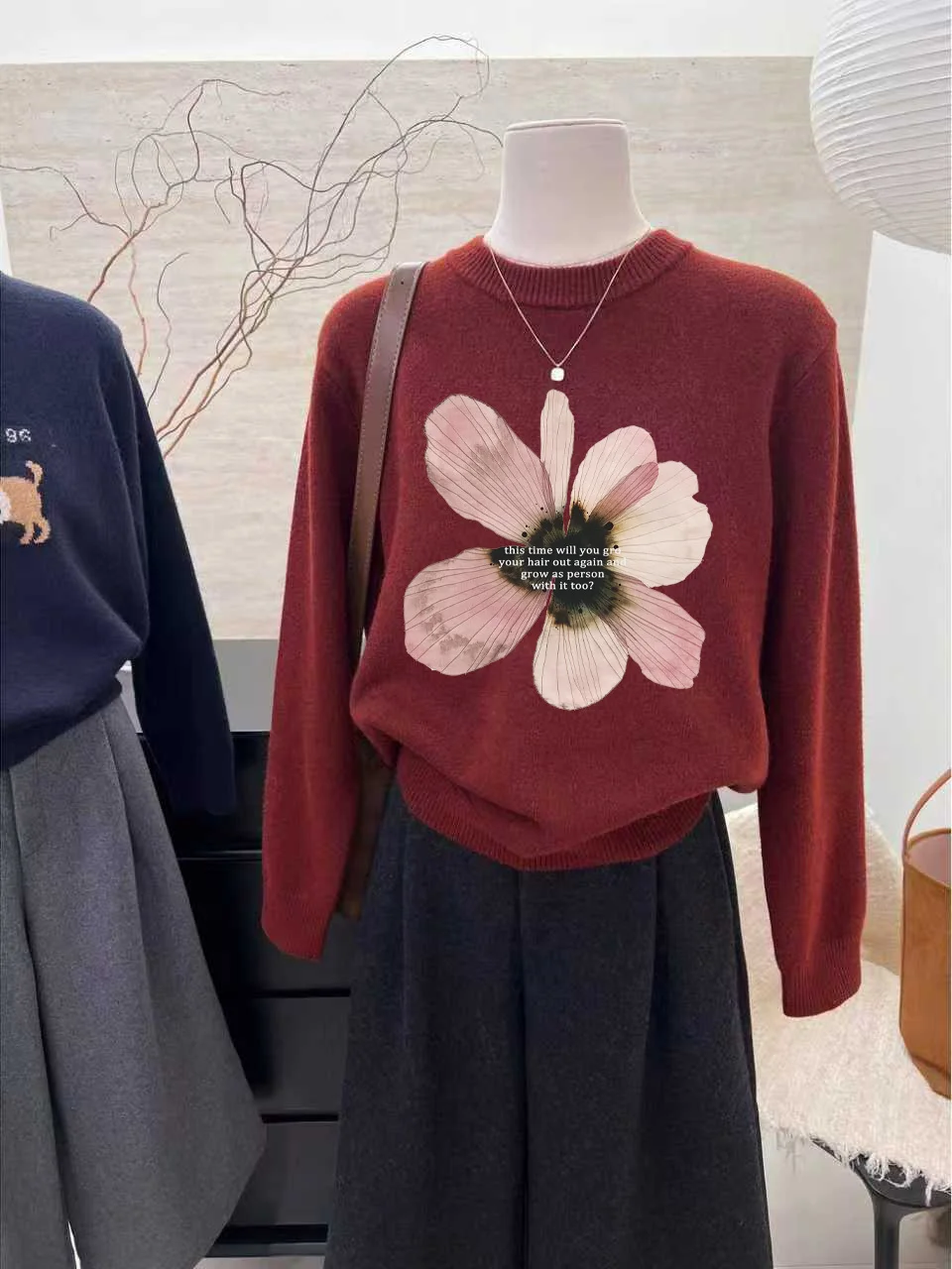 

Festive Wine Red Knitted Sweater with Large Flower Print round Ne Long Sve Women's Warm Top Polyester Fiber Commute Sle