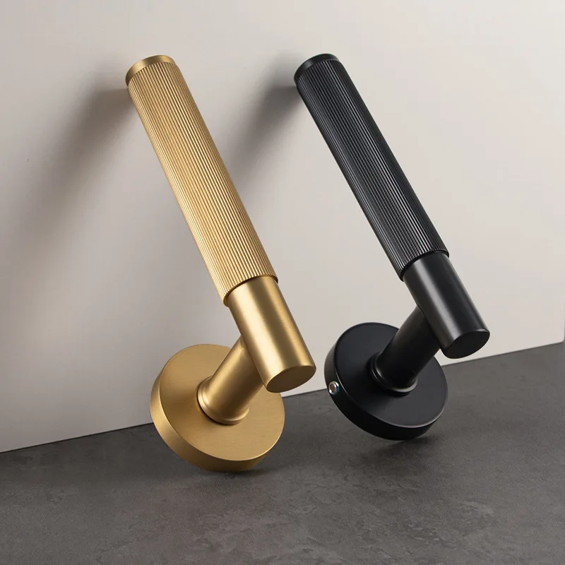 Brass Knurled Lever Lock Wooden Door Handle Lock Interior Door Mute Lock Set Exquisite Split Bedroom Handle Knob