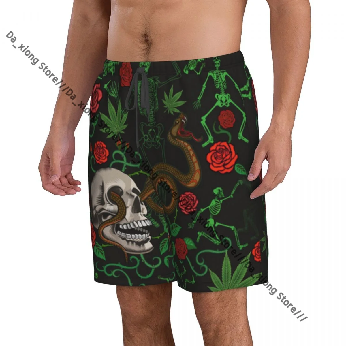 Mens Swimming Shorts Swimwear Death Skull With Roses Snake Trunks Swimsuit Beach Wear Boardshorts