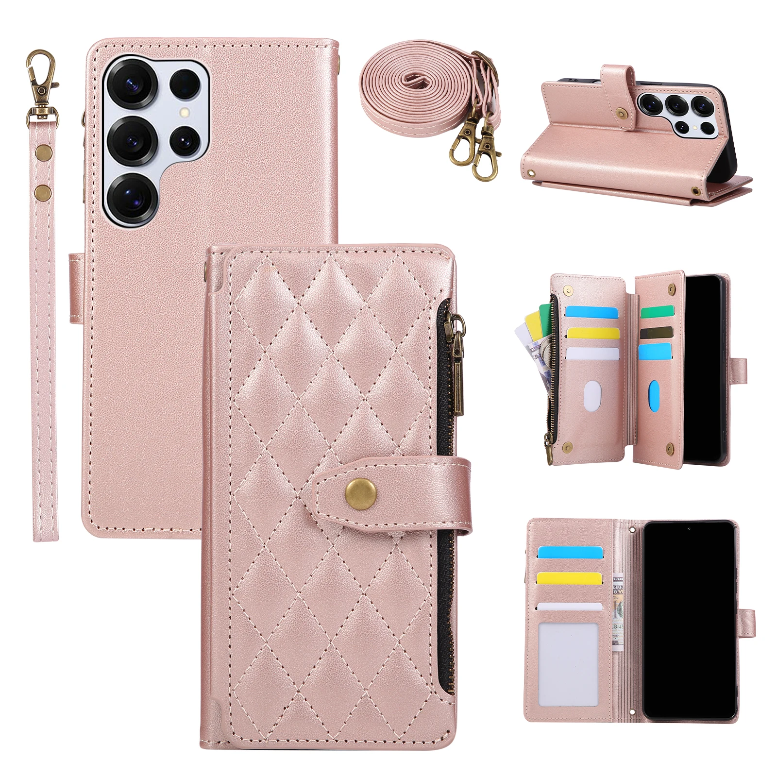 

Zipper Flip Magnetic Crossbody Card Solt Wallet Leather Case For Samsung S25 Ultra S24 Plus S23 S22 A16 Strap Bag Pocket Cover