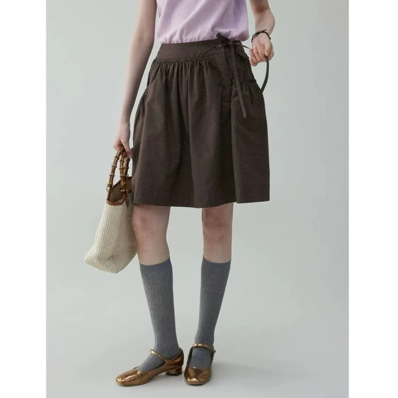 

Japanese Vintage Women's High Waist Solid Color Skirt Summer New Fashion Pockets Lace Up Casual Preppy Style Short Skirt