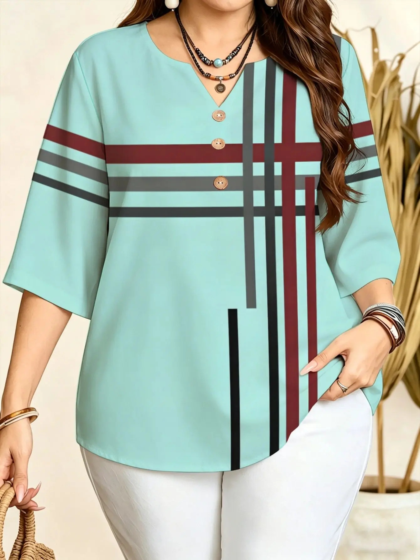 Cross Stripe Print Plus Size Blouses Notch V Neck 3/4 Sleeve Loose Curvy Women Daily Office Casual Shirts