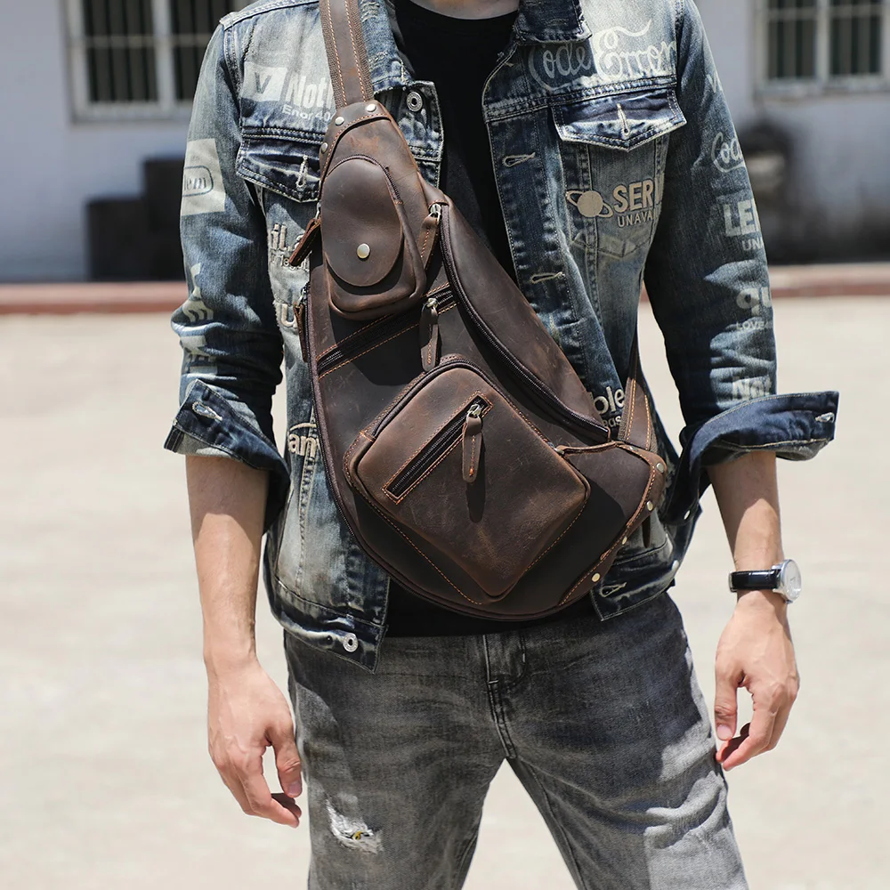 S.WORKER Echtleder Herren-Umhängetasche | Retro Crazy Horse Leder Tagesrucksack Umhängetaschen für Männer – Detail 4