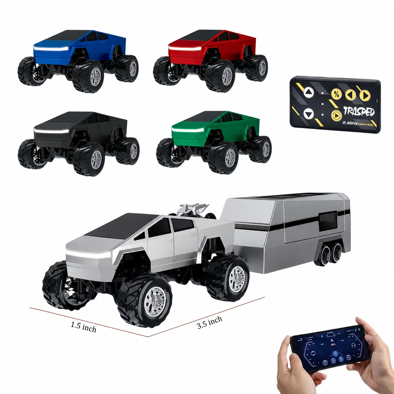 Hotfree 1/64 Mini RC Monster Cybertruck, All-Terrain Metal Off-Road Pickup with Trailer, 2.4GHz Remote & App Control, USB-C Rechargeable, Big Wheel Racing Toy, Perfect Birthday Christmas Gift for Kids, Boys & Collectors