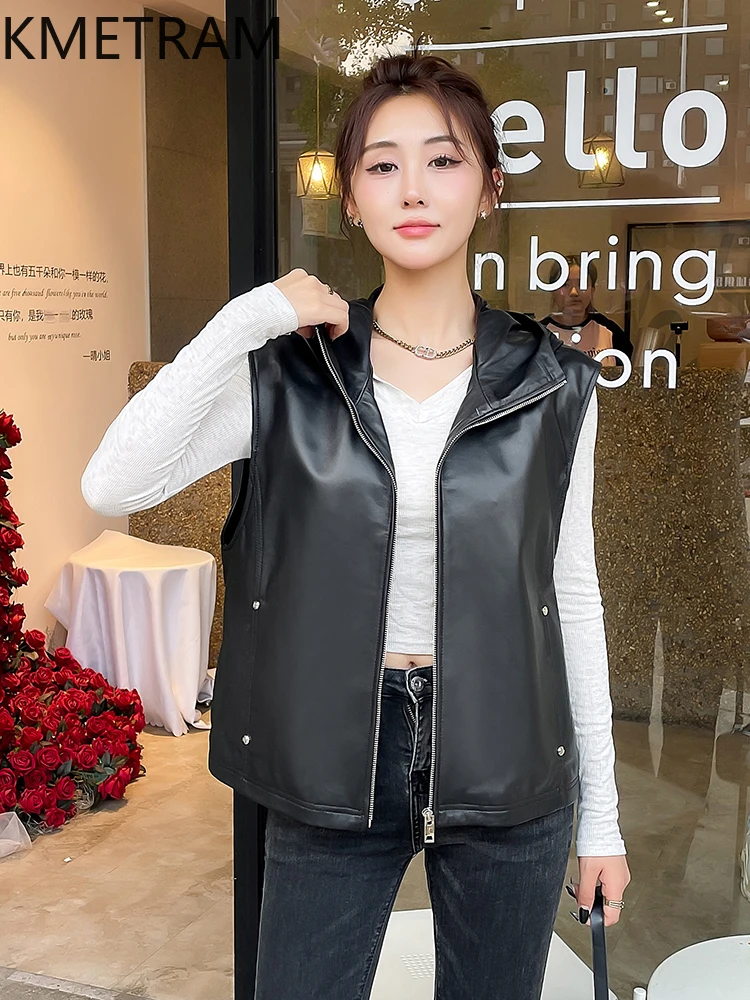 100% Top Layer Sheepskin Waistcoat Woman Casual Sleeveless Real Leather Jacket with Hood Fall Clothes 2025 Women veste femme