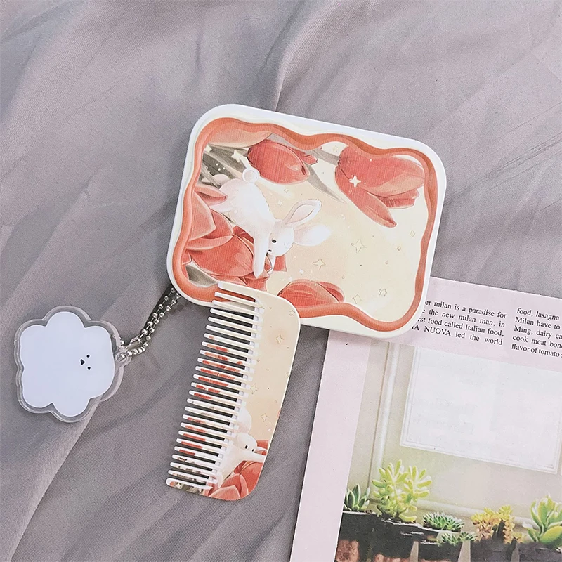 Flower Rabbit Flip-Top Folding Makeup Mirror Portable Pocket Mirror Rectangle Cosmetic Mirror With Comb For Women Girls