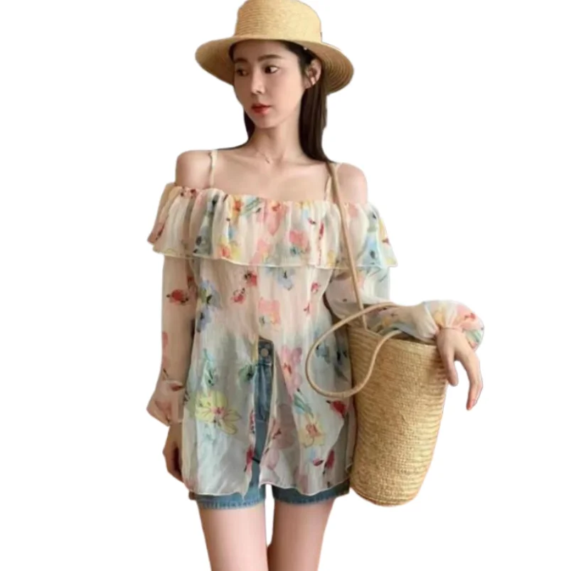 

Summer New 2024 Feminine Chiffon Slash Neck Sweet Ruffled Tops Lantern Sleeve Floral Print Loose Fit Lightweight Flowy Gentle