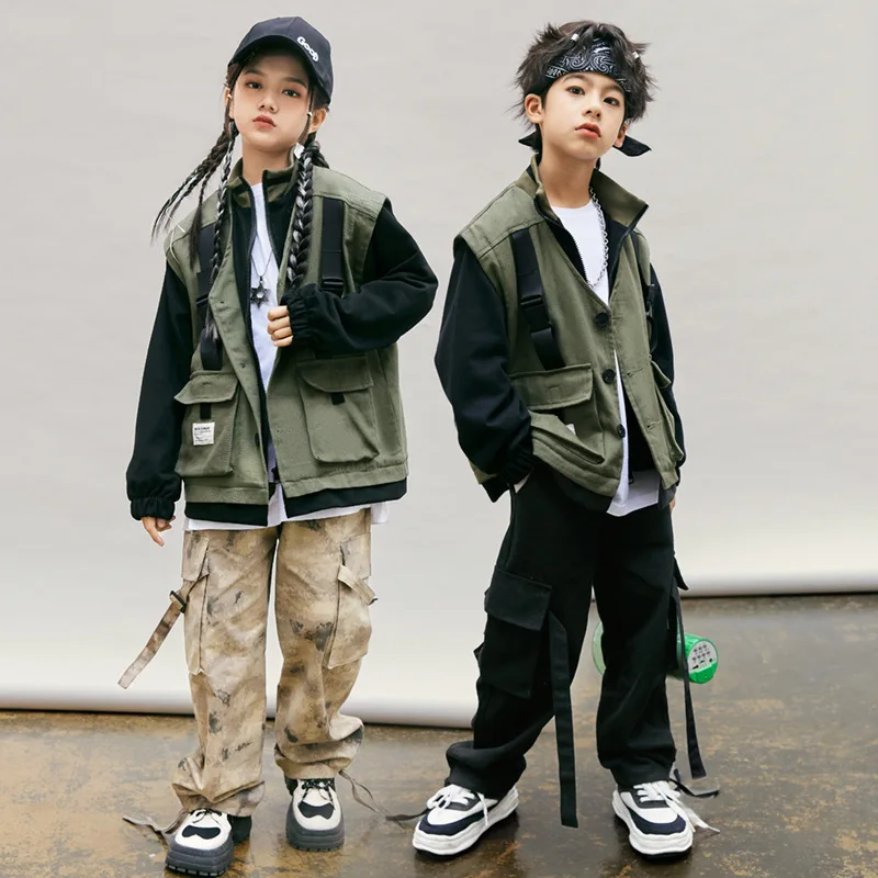 

Girl Boy Kpop Hip Hop Clothing Army Green Black Jacket Camouflage Casual Straps Cargo Pants for Kids Jazz Dance Costumes Clothes