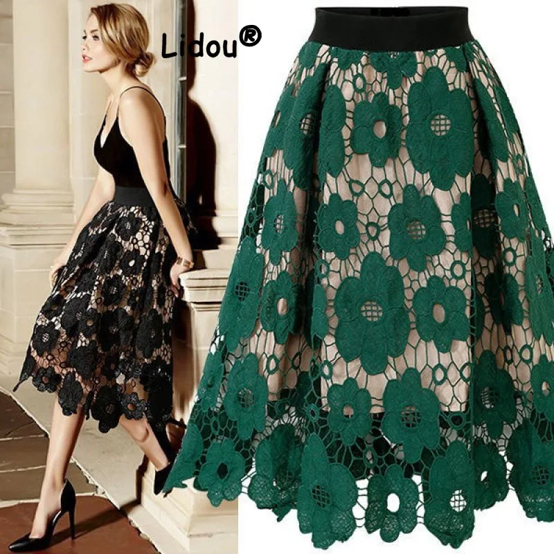 

Classic Lace Hollow Out Design Irregular Skirt Women Slim Simplicity Casual High Waisted Elasticity Lady All-match Skirt