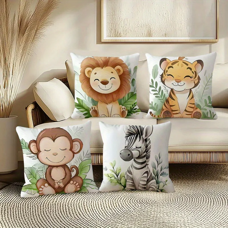 4 piezas  fundas  cojín  animal lindo, con patrón  león, tigre, mono y zebra, elegir  tres tamaños, cierre con cremall