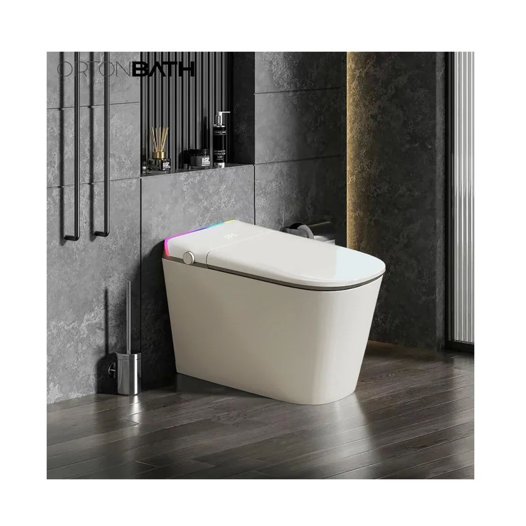 ORTONBATHS Digital Display Smart Toilet with Built-in Bidet Seat Tankless Toilet with Foot Touching Lid Opening Smart Bidet