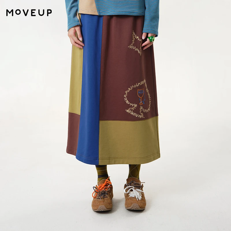 MOVEUP Women's Elastic Waist Pocket Skirt 2026 Autumn Color Block Splicing Embroidery Skirts Casual Cotton Midi Skirt 3ELQ10601