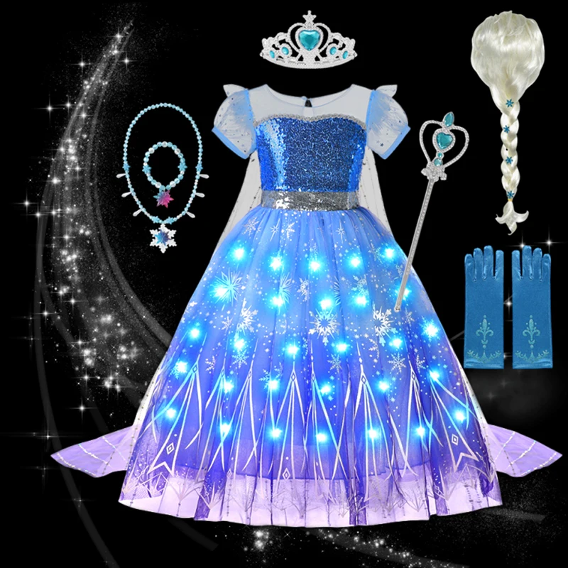 Girls Dress Children's Sequin Glow Princess Dress Fantasy Children's Cosplay Queen Costume Halloween Carnival Girls Party Dress