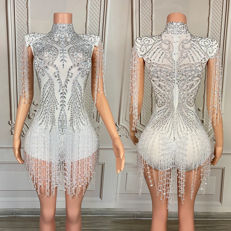 Sexy Silver Rhinestone Bodysuit Women Performance Show Costume Singer Stage Wear Birthday Party Outfit Nightclub Dancewear 4822