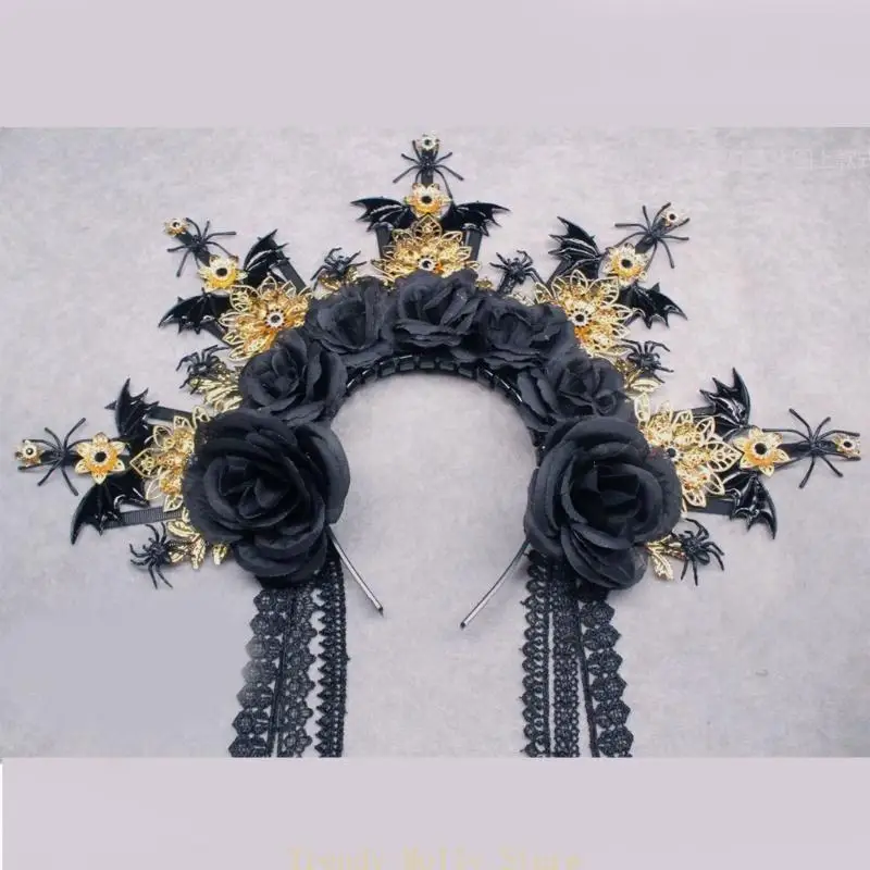 

N5KB DIY Flower Headband Princess Headpieces Lace Pageant Prom Party Props Spiked Vintage Tiaras Hair Hoop for Women