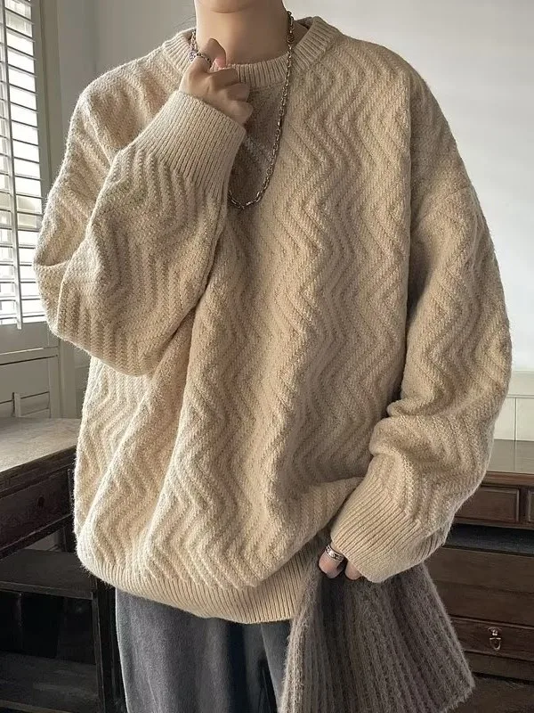 

Retro Japanese Sle round Ne Color Men's Knitwear Loose Casual Outerwear Autumn Winter Lazy Sle Versatile Texture
