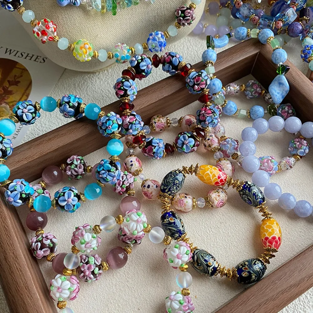 

Handmade Vintage Flower Lampwork Glass Bead Bracelet, Multi Color Boho Aesthetic Sweet Floral Beaded Stackable Daily Jewelry