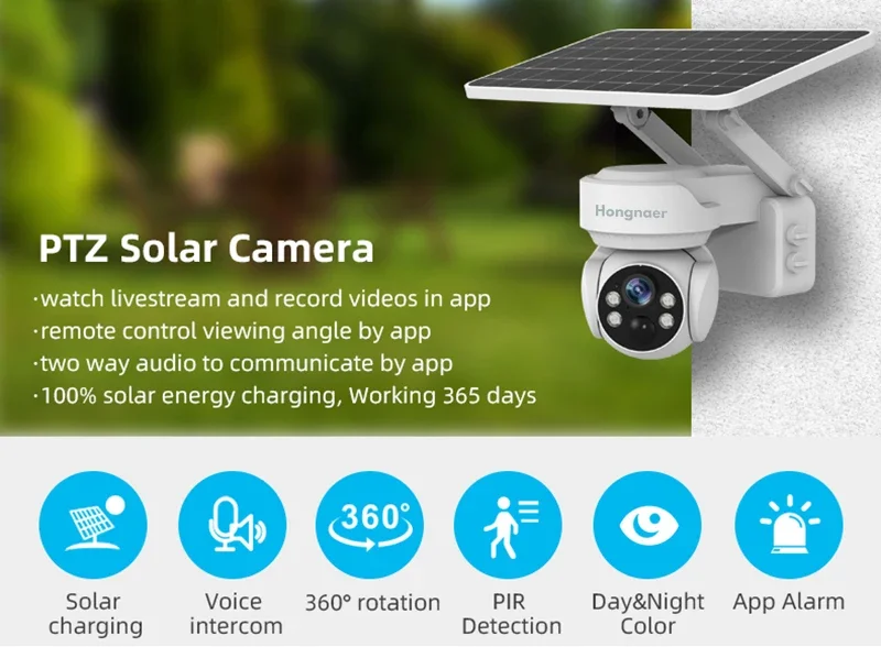 2026 Hongnaer 3MP 4G LTE Wireless Solar Powered Panel PTZ Surveil IP Camera ICam+ Ubox Outdoor Security 4G Sim Card Solar CCTV C