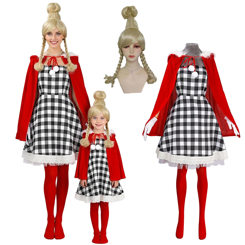 

Christmas Cindy Lou Who Costume Wig Velvet Cape Plaid Dress Red Stockings Anime Character Cosplay Outfit Halloween Gift Costumes