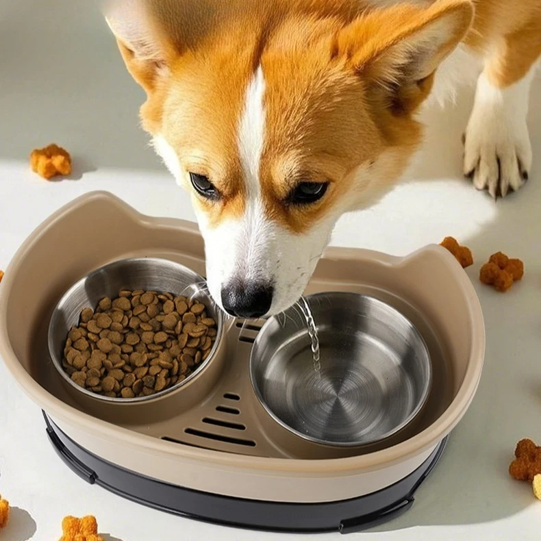 

Stainless Steel Dog Bowl Non Slip Double Compartment Detachable Spill Proof Pet Feeder Water Large Small Dogs Anti Tip Dish Set