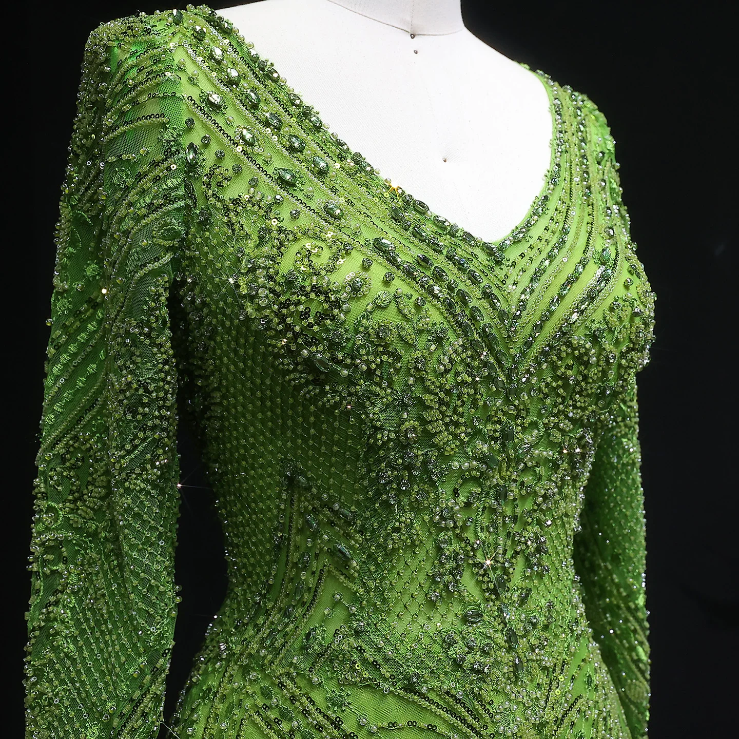 Sharon Said-vestido de noche de manga larga, color verde lima, cuello en V, cuentas de lujo, vestidos de fiesta árabes para graduación para mujer SS110 personalizado